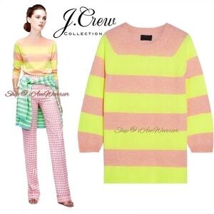 J.Crew Collection NWOT neon yellow & peach striped Italian cashmere sweater
